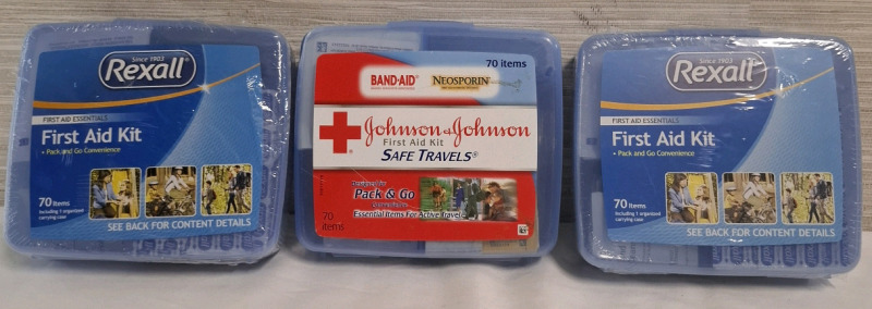 3 New First Aid Kits | Assorted Brands- Rexall and Johnson & Johnson | 70 items per kit