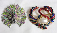 Vintage Peacock Green/Purple Brooch & Vintage Faux Pearl Swan/Heron Brooch . See photos for size