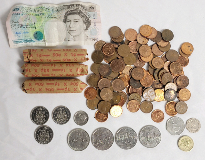 Canadian & Great Britain Coins & Bank Note . 200 Canadian Pennies , Four (4) Canadian One Dollar Coins , Three (3) Canadian Half Dollars & British 5 Pound Bank Note plus more