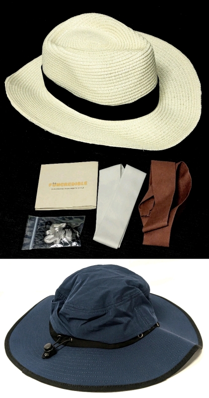 2 New One Size Fits Most Sun Hats : FUNCREDIBLE Paper Straw Hat With Interchangeable Bands & Blue Camping Hat With Drawstring
