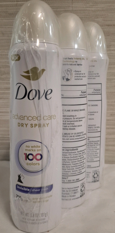 3 New Dove Advanced Care Dry Spray Antiperspirants | 107g Each | Best Before- 10/2026