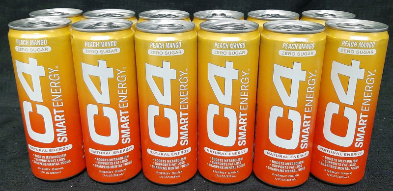 12 Cans of C4 Smart Energy Sparkling Peach Mango Zero Sugar Drinks (355ml Each, Best Before December 2025)