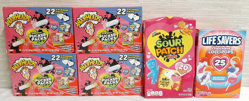 4 Boxes of Warheads Sour Dippin' Pucker Packs (184g Each, Best Before September 12th 2026), Sour Patch Kids Valentine's Exchange Packs (250g, Best Before August 31st 2025) & Lifesavers Swirled Lollipops (249g, Best Before October 9th 2027)