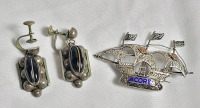 Vintage Sterling Silver Screw-Back Earings & Silver Azores Sailing Ship Tourist Pin (not marked) . See photos for size