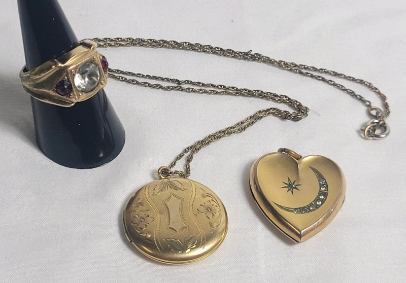 14K Rolled Gold Men's Ring , Size 8 & Two (2) Lockets (no hallmarks)