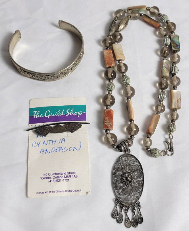 Silver Jewelry Lot , All Unmarked . Cuff Bangle , Brooch & Necklace .