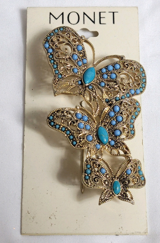 Vintage Monet 3-Butterfty Turquoise Stones Brooch . See photos for size .
