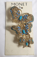 Vintage Monet 3-Butterfty Turquoise Stones Brooch . See photos for size .