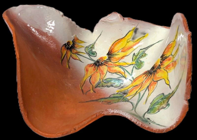 Signed Vintage Large Handmade Freeform Terracotta Bowl With Painted Flowers - 13" &times; 10" &times; 7.5" Tall