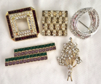5 Vintage Elegant Rhinestone Brooches