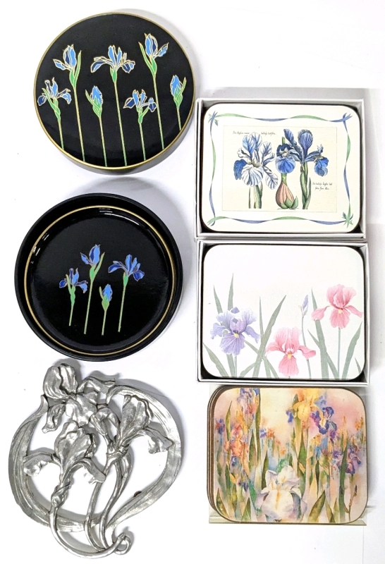 Vintage IRIS Love! OTAGIR Blue Iris 5-Piece Coaster Set in Box + 16 Iris-Themed Drinks Coasters in 3 Styles & 1992 SEAGULL Pewter Iris Trivet (5" &times; 5.5")