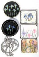 Vintage IRIS Love! OTAGIR Blue Iris 5-Piece Coaster Set in Box + 16 Iris-Themed Drinks Coasters in 3 Styles & 1992 SEAGULL Pewter Iris Trivet (5" &times; 5.5")