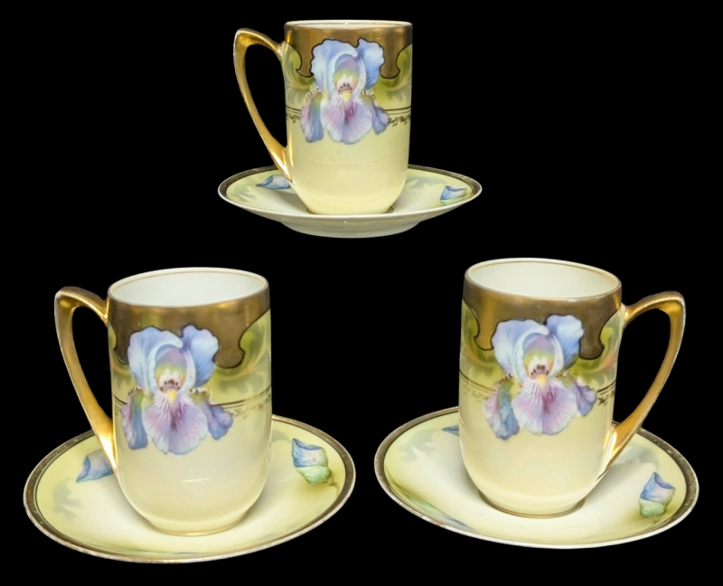Set of 3 Very Old REINHOLD & SCHLEGELMILCH Art Deco German Blue Iris Chocolate Cups & Saucers