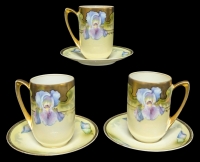 Set of 3 Very Old REINHOLD & SCHLEGELMILCH Art Deco German Blue Iris Chocolate Cups & Saucers