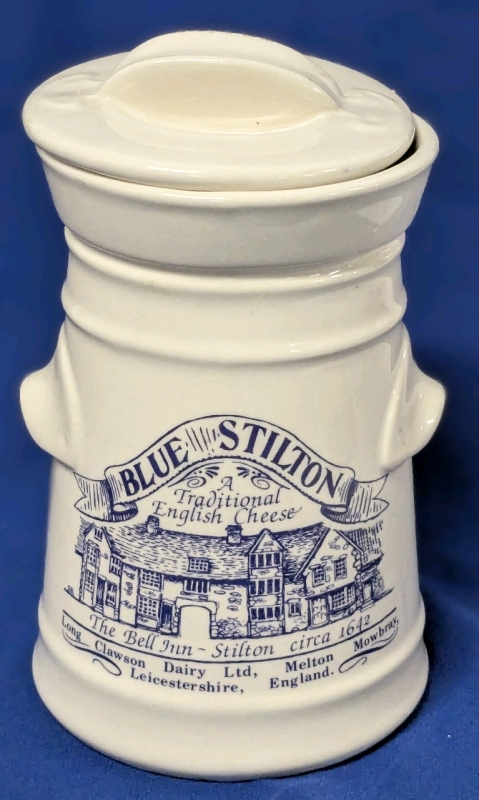 Vintage Ceramic Blue Stilton Cheese Advertising Pot With Lid, Made By London Pottery - 6.25" Tall