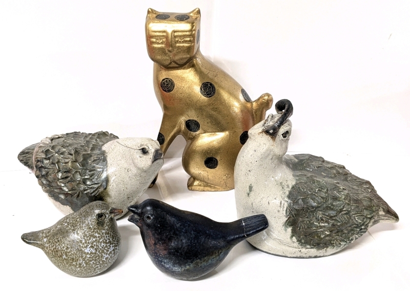 Signed VELTA Stoneware Bird + Unsigned Pottery Birds & Art Deco Terracotta Cat Pottery Figure - 2.75" - 7.75" Tall