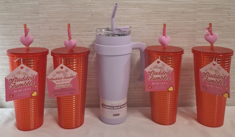 4 New Evoke Studded Tumblers with Heart Straw Tobbers (0.7L Each) & 1 New Double Wall Stainless Steel Tumbler (1.1L) | Tallest Measures- 10.5"