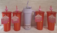 4 New Evoke Studded Tumblers with Heart Straw Tobbers (0.7L Each) & 1 New Double Wall Stainless Steel Tumbler (1.1L) | Tallest Measures- 10.5"