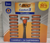 New in Box | BiC Comfort3 Razor (Refillable) | Includes- 1 Handle & 14 Cartridges | Box Measurements- 8.8" X 8"