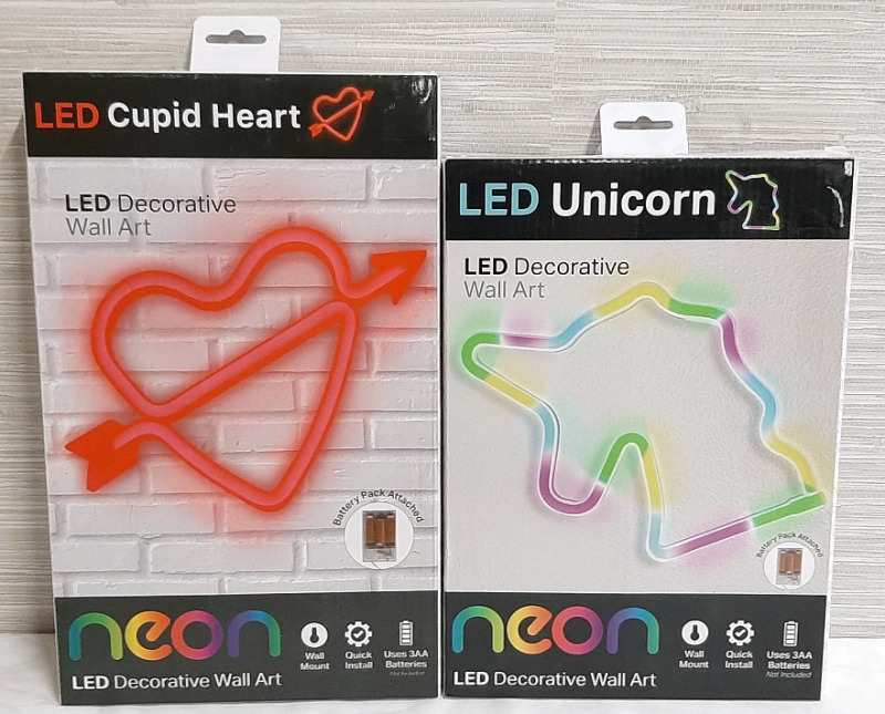 2 New Neon LED Decorative Wall Art, Cupid Heart & Unicorn