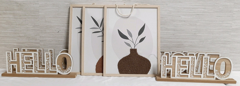 3 New Wood Plant Pixture w/ Fabric Texture (14" Tall, 11" Wide), & 5 "Home & Hello" Wood Table Toppers (13" Long, 5" Tall)