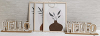 3 New Wood Plant Pixture w/ Fabric Texture (14" Tall, 11" Wide), & 5 "Home & Hello" Wood Table Toppers (13" Long, 5" Tall)