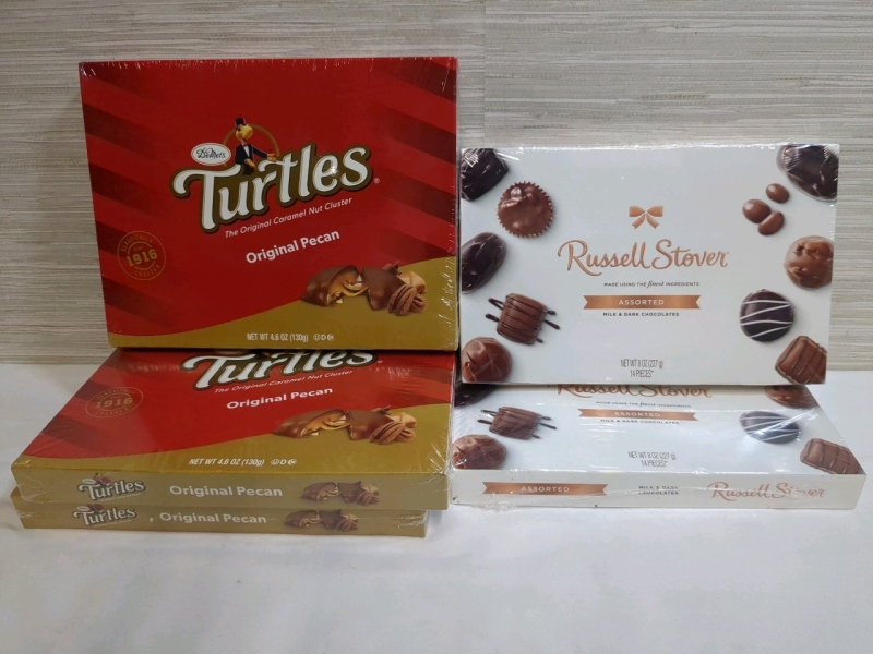 5 New Boxes Assorted Chocolates: 3x Turtles, 2x Russell Stover, BB MAY 15 2025 / APR 01 2025