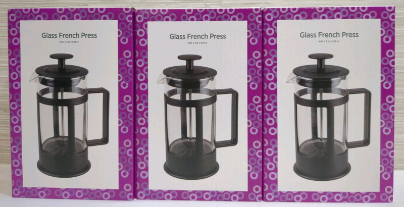 3 New In Box Glass French Press 4.6x3.15x6.18 Inches