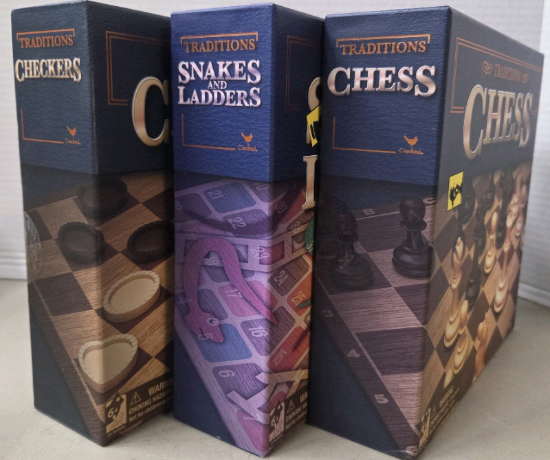 3 New | TRADITIONS Board Games | Includes Snakes & Ladders, Chess & Checkers | Each Box Measures 8" x 8"