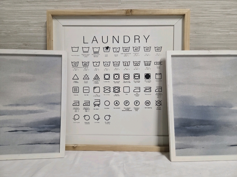 3 New | Wall Hangs | (1) Super Useful Laundry Guide Wall Hang & (2) Gorgeous Stormy Watercolor Printed Canvas | Largest Measures 18" x 18"