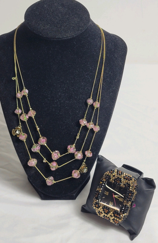Betty Johnson 3-String Rose Bead Necklace & Betty Johnson Quartz Watch