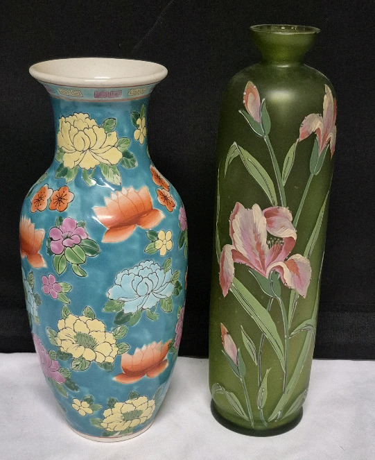 2 Colourful Vases - Glass & Ceramic - Tallest 11"