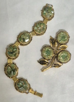 Vintage Green Stone Chip Bracelet & Matching Brooch