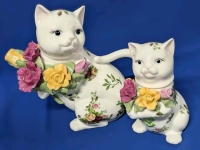 ROYAL ALBERT Old Country Roses 1962 Cat Tea Pot, Creamer & Sugar Dish - No Cracks, Teapot's Petals & Leaves Chipped - 5.25" - 7.75"