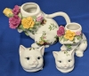 ROYAL ALBERT Old Country Roses 1962 Cat Tea Pot, Creamer & Sugar Dish - No Cracks, Teapot's Petals & Leaves Chipped - 5.25" - 7.75" - 3