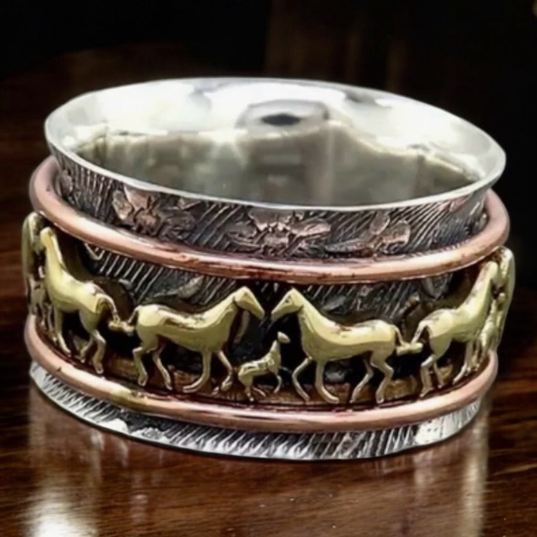 Retro Western Style Dual-Tone Rotating Spinner Horse Band Ring Great for Stress Relief Size 7
