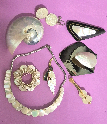 Vintage Mother of Pearl Style Jewelry - Brooches, Necklace, Earrings