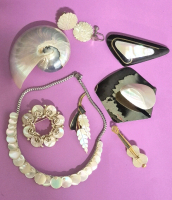 Vintage Mother of Pearl Style Jewelry - Brooches, Necklace, Earrings