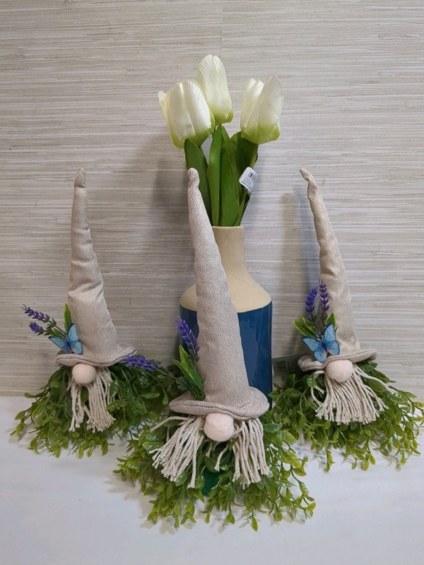 3 New Faux Greenery Gnomes With Vase and Faux Tulips