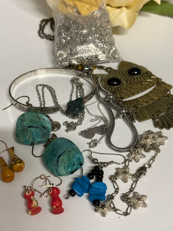 Assortment of Earrings Cuff Bracelet Charn Bracelet Gnoce and Owl Necklace Bag DOrlan Findings see description