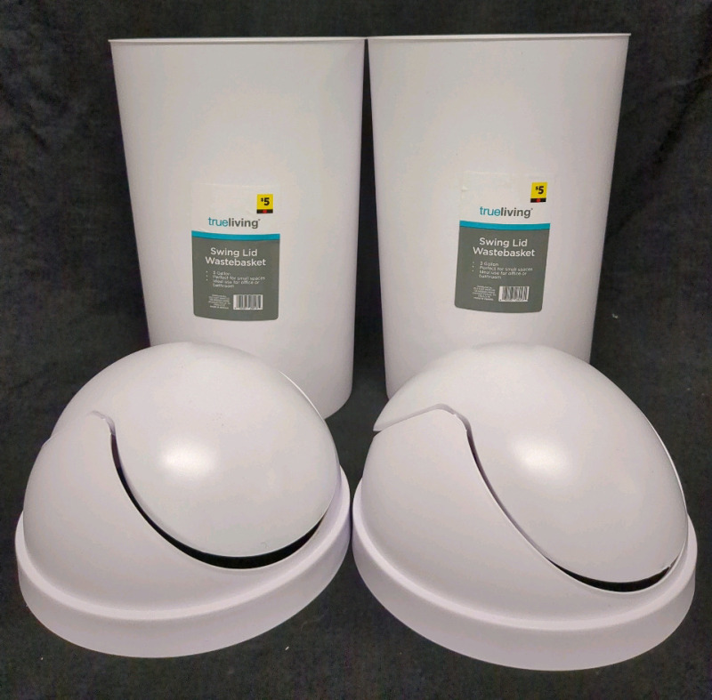 2 New True Living Swing Lid Waste Baskets 3 Gallons, 14 Inches Tall, 9 inch diameter.