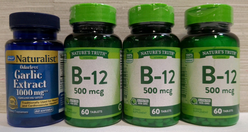 4 New Bottles Vitamins/Supplements, 1x Garlic Extract, 3x B-12 EXP APR/JUNE 2026