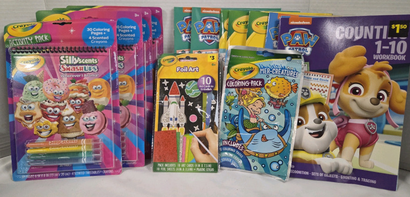 New | Kids Hobby & Craft Lot | Includes Foil art, Crayola Silly Scent Packs, Workbooks & More | Largest Item Measures 8" x 11"