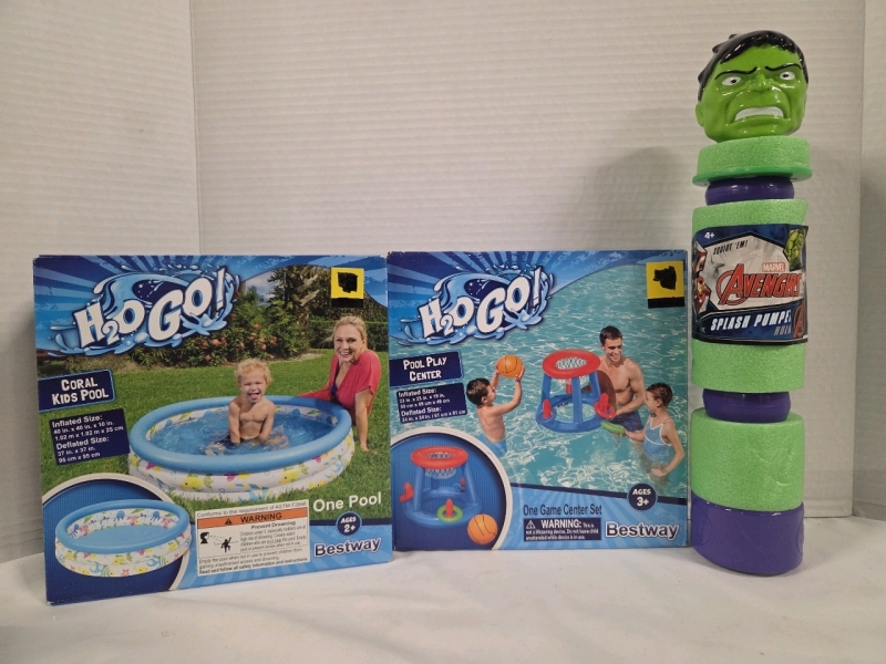 3 New | Outdoor Water Fun Lot | Includes 40" x 40" x 10" Kids Coral Pool, 23" x 23" x 19" Pool Play Center & 13" Marvel Avengers Hulk Splash Pumper