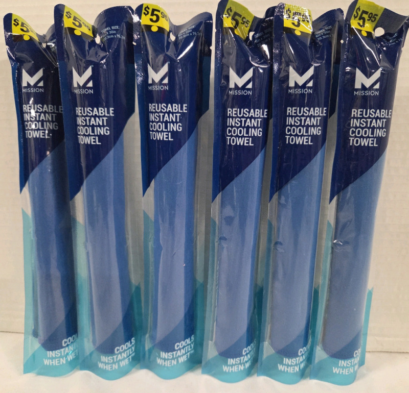 6 New | MISSION Reusable Instant Cooling Towels | Cools When Wet | Ea. Measures 8" x 30"