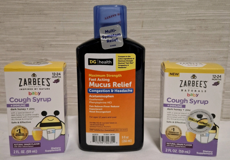 2 New Zarbee's Baby Cough Syrups (59ml Each) & 1 New DG Health Mucus Relief Syrup (266ml) | Earliest BB : 09/2025