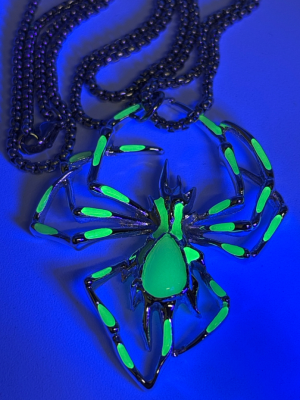 Sleek Spider Pendant Necklace Glowing Green Under Black Pendant approximately 2.4 x 1.85 In Chain Stainless Steel approximately 23 Inch