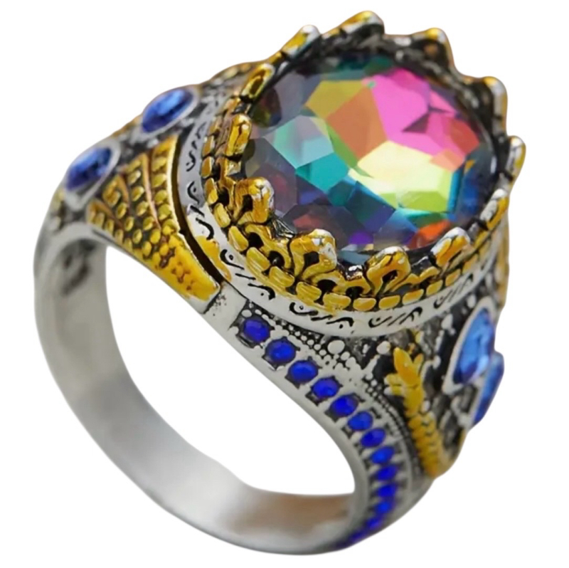 Beautiful Retro Watermelon Mosaic Mystic Cubic Zirconia Ring Size 10 Statement