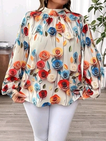 New Size 2XL Women's Franclia Plus Size Mock Neck Tie Back Floral Print Lantern Sleeve Blouse