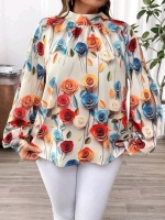 New Size 2XL Women's Franclia Plus Size Mock Neck Tie Back Floral Print Lantern Sleeve Blouse